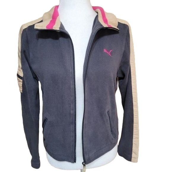 Puma Jackets & Blazers - Puma Women's Size Small 2-tone Warm Up Jacket Cotton Knit Grey Pink Full Zip